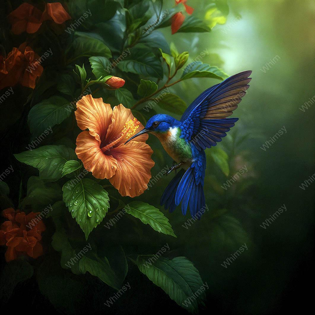Photorealistic hummingbird drinking from a bright orange hibiscus flower, surrounded by lush green leaves, vibrant wall art design.